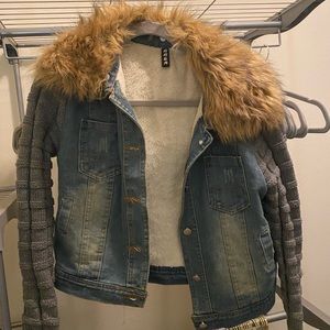 Sherpa lined denim jacket with fur trim